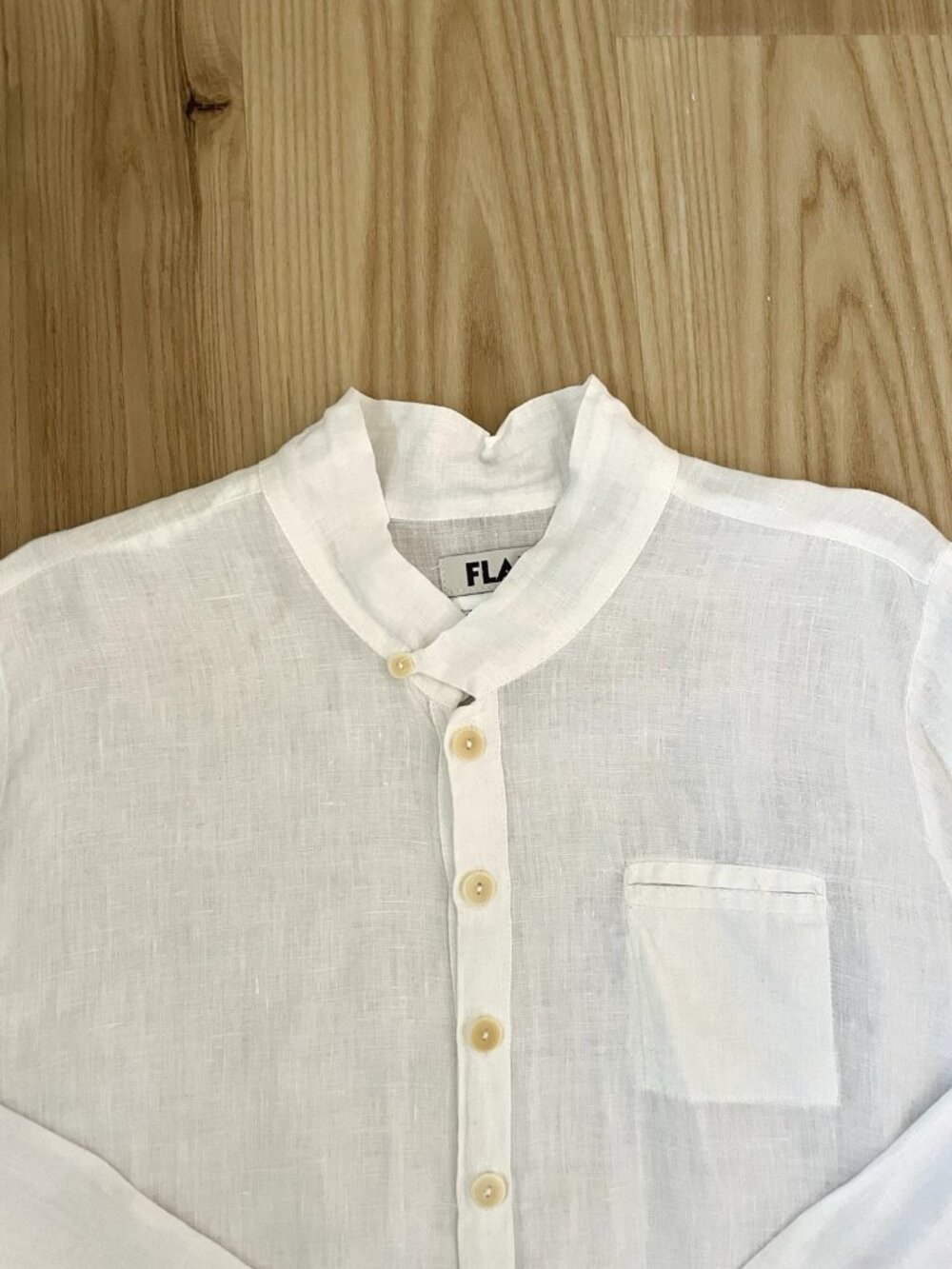 FLAX 100% Linen Mandarin Collar Button Down Shirt Crisp White size Small - Picture 2 of 5
